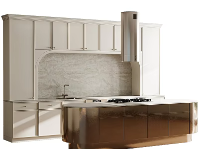 Modern Kitchen Interior With White Cabinets Marble Backsplash Stainless Steel Range Hood And Gold Countertop 3d model
