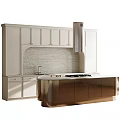Modern Kitchen Interior With White Cabinets Marble Backsplash Stainless Steel Range Hood And Gold Countertop