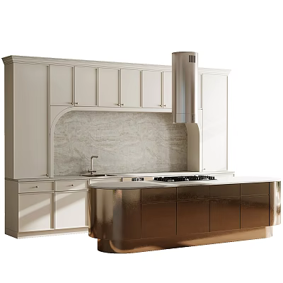 Modern Kitchen Interior With White Cabinets Marble Backsplash Stainless Steel Range Hood And Gold Countertop 3d model