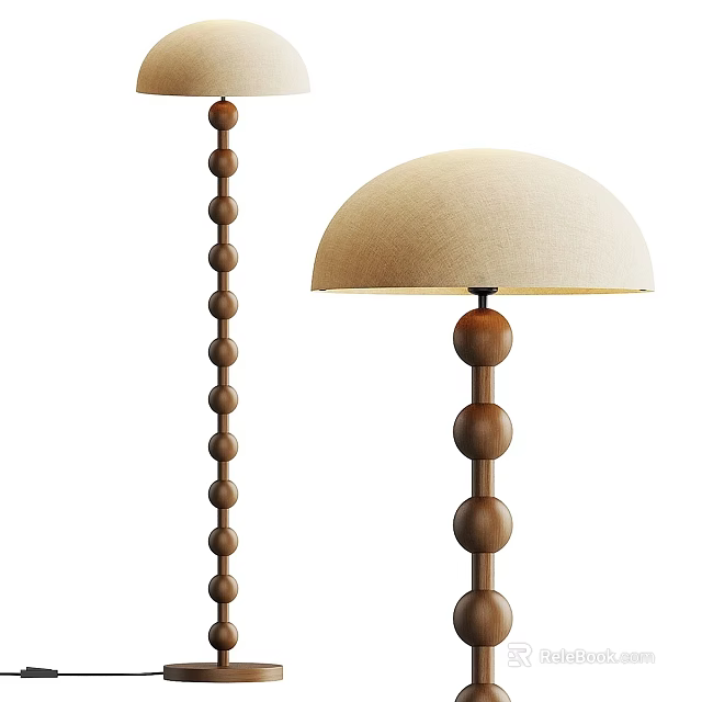 Natural Floor Lamp With Wooden Ball Structure And Beige Fabric Shade 3d model 