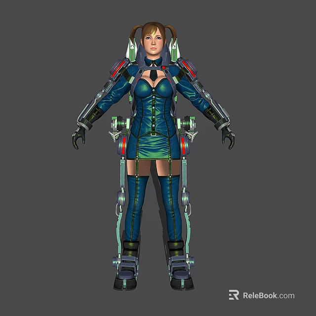 Futuristic Sci Fi Female Game Character In Blue Bodysuit With Green Glowing Mechanical Armor 3d model 