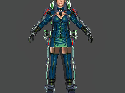 Futuristic Sci Fi Female Game Character In Blue Bodysuit With Green Glowing Mechanical Armor 3d model
