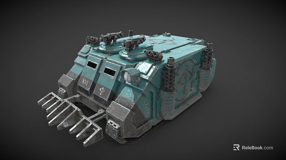 Teal Military Tank Model With Top Mounted Guns Front Plow Side Canisters Armor And Emblem 3d model 