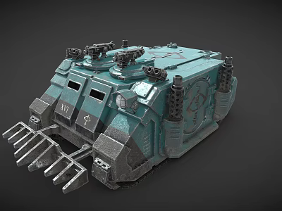 Teal Military Tank Model With Top Mounted Guns Front Plow Side Canisters Armor And Emblem 3d model