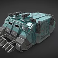 Teal Military Tank Model With Top Mounted Guns Front Plow Side Canisters Armor And Emblem