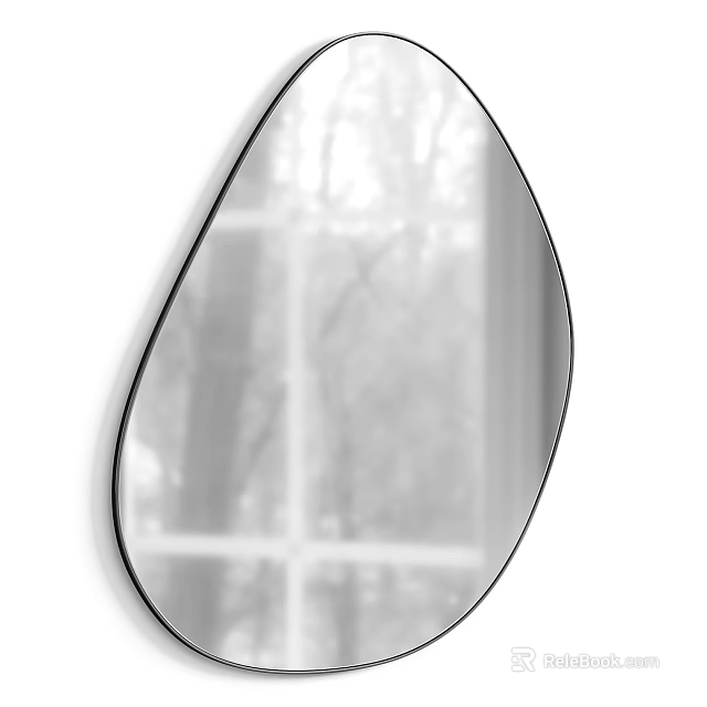 Irregular Shaped Black Frame Mirror Reflecting Trees And Window View Interior 3d model 