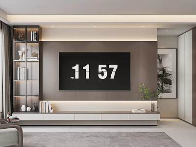 Modern TV Background Wall with Minimalist Design White TV Stand Glass Shelves and Green Plant 3d model