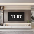 Modern TV Background Wall with Minimalist Design White TV Stand Glass Shelves and Green Plant