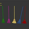 Five Different Household Cleaning Brooms With Wooden Handles And Straw Heads