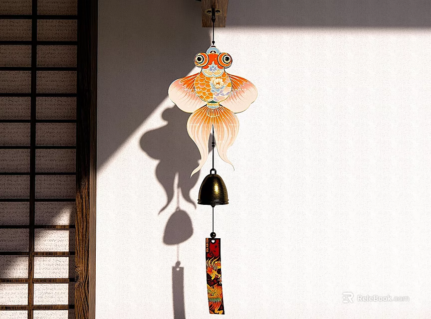 Goldfish Shaped Wind Chime Hanging Decoration With Bell And Decorative Strip On Japanese Style Wall 3d model 