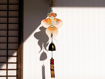 Goldfish Shaped Wind Chime Hanging Decoration With Bell And Decorative Strip On Japanese Style Wall 3d model