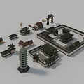 Ancient Traditional Architecture Scene With Courtyard Pagoda Archway And Buildings