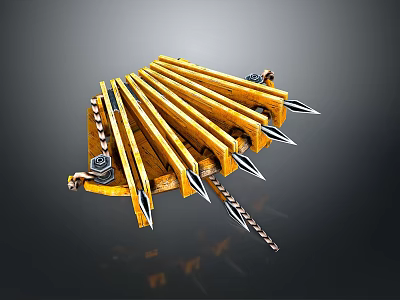 Yellow Mechanical Weapon With Multiple Rows Of Sharp Metal Spikes And Chain 3d model
