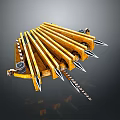 Yellow Mechanical Weapon With Multiple Rows Of Sharp Metal Spikes And Chain 3d model