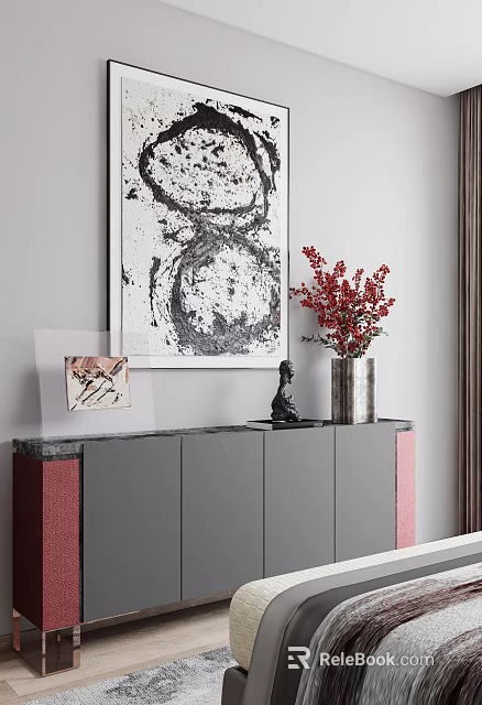 Elegant Modern Entryway Console Cabinet With Red Flower Vase Sculpture And Abstract Painting 3d model 