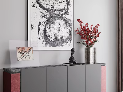 Elegant Modern Entryway Console Cabinet With Red Flower Vase Sculpture And Abstract Painting 3d model