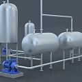 Industrial Equipment With Metal Tanks Blue Pumps And Pipeline System