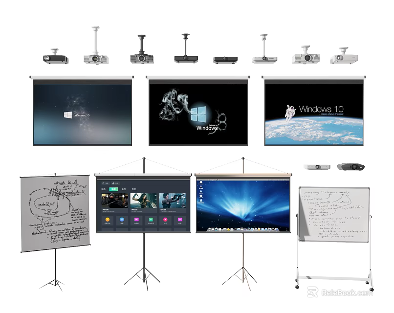 Professional Projection Monitoring System With Projectors Screens Stands And Clear Display For Surveillance 3d model 