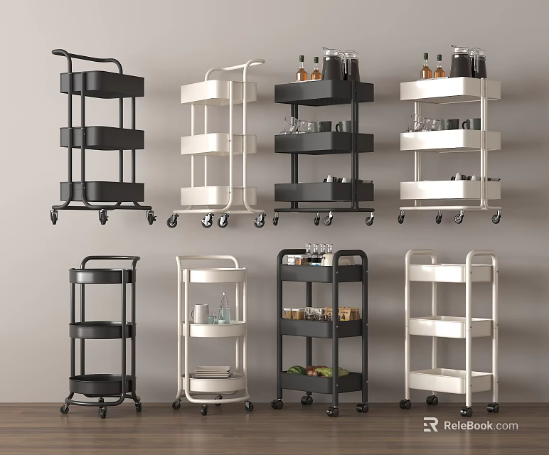 Multilayer Storage Shelving Units In Black And White With Wheels Various Styles 3d model 