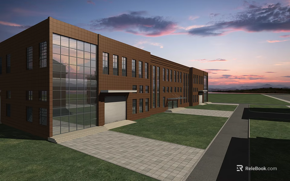 Modern Red Brick Office Building With Large Glass Windows Green Lawn And Sunset Sky 3d model 