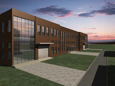 Modern Red Brick Office Building With Large Glass Windows Green Lawn And Sunset Sky 3d model