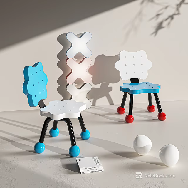 Playful Children's Chairs With Flower Shaped Backrest And Colorful Ball Feet 3d model 