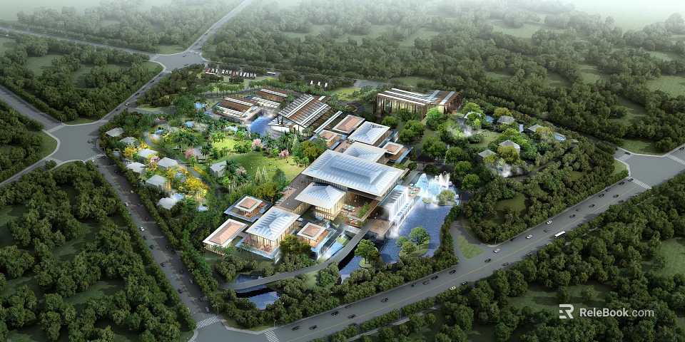 Luxury Resort Hotel Building Complex Surrounded By Lush Greenery And Water Features 3d model 