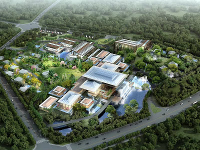 Luxury Resort Hotel Building Complex Surrounded By Lush Greenery And Water Features 3d model