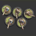 Painted Sci-Fi Warrior Miniature Figures With Weapons And Green Grass Bases
