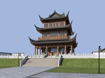 Traditional Chinese Pagoda With Multi Story Wooden Structure And Ornate Eaves On Green Lawn 3d model