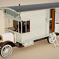 White Wooden Vintage Carriage with Open Door Ladder and Chair Nearby Structure