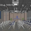 Modern Conference Room Interior With Large Screen Folding Chairs Wooden Wall Panels And Windows
