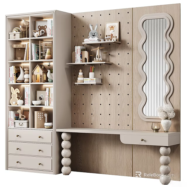 Wooden Console And Side Cabinet With Storage Shelves Mirror And Small Decorative Ornaments 3d model 