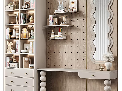 Wooden Console And Side Cabinet With Storage Shelves Mirror And Small Decorative Ornaments 3d model