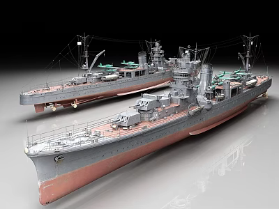Realistic Warship Models Featuring Gray Hulls Red Bottoms And Detailed Masts 3d model