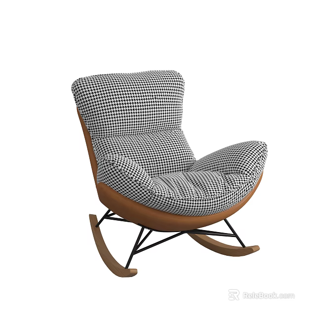 Black and White Checkered Rocking Accent Chair With Wooden Frame and Comfortable Cushion 3d model 
