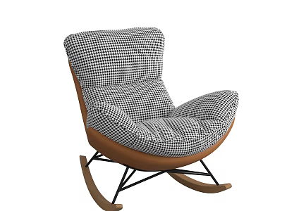 Black and White Checkered Rocking Accent Chair With Wooden Frame and Comfortable Cushion 3d model