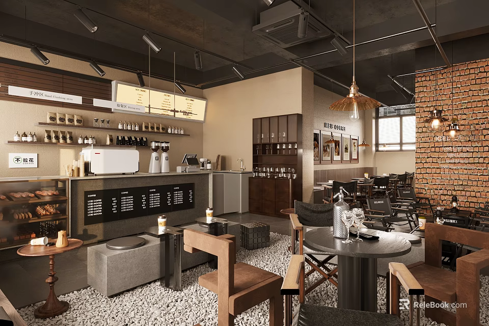 Modern Café Interior Design With Coffee Bar Brick Wall Wooden Chairs And Pendant Lights 3d model 