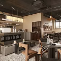 Modern Café Interior Design With Coffee Bar Brick Wall Wooden Chairs And Pendant Lights
