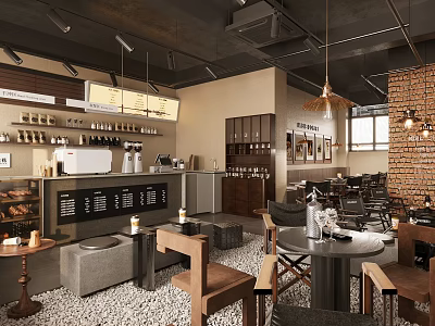 Modern Café Interior Design With Coffee Bar Brick Wall Wooden Chairs And Pendant Lights 3d model