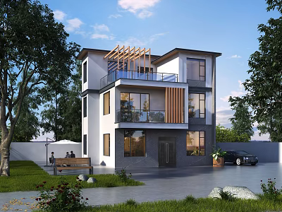 Modern Two Story Detached Villa Exterior With Balcony Large Windows Garden And Parking Driveway 3d model