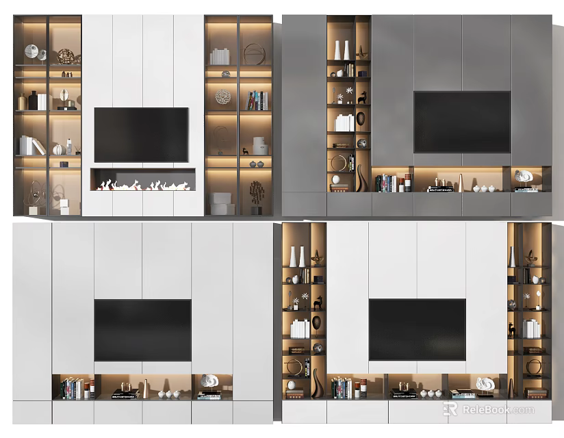 Stylish Modern TV Wall Unit Design With Storage Shelves LED Lighting And Decorative Items 3d model 