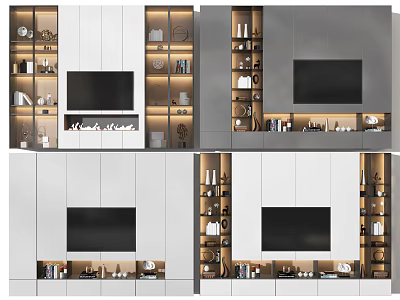 Stylish Modern TV Wall Unit Design With Storage Shelves LED Lighting And Decorative Items 3d model
