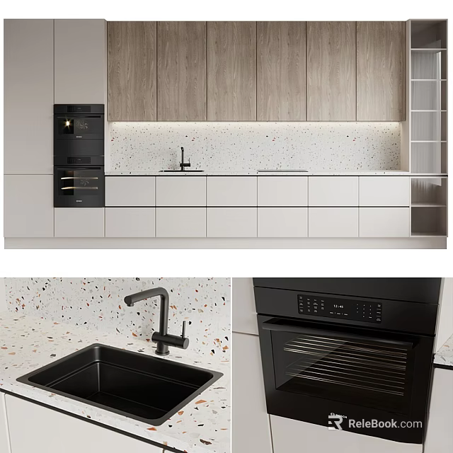 Modern Kitchen Interior With White Lower And Wooden Upper Cabinets Terrazzo Countertop Black Sink Oven 3d model 