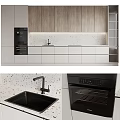Modern Kitchen Interior With White Lower And Wooden Upper Cabinets Terrazzo Countertop Black Sink Oven
