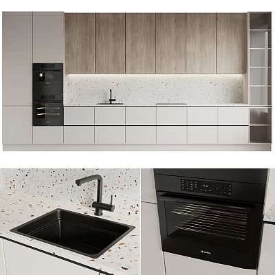 Modern Kitchen Interior With White Lower And Wooden Upper Cabinets Terrazzo Countertop Black Sink Oven 3d model