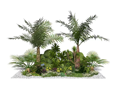 Tropical Garden Display With Two Palm Trees Various Green Plants And Colorful Flowers 3d model