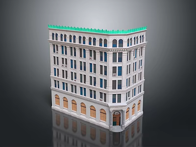 Detailed White Building Model With Multiple Floors Arched Windows And Green Roof 3d model