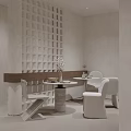 Minimalist Dining Table With Chairs White Seats Round Top Grid Wall In Beige Neutral Tone