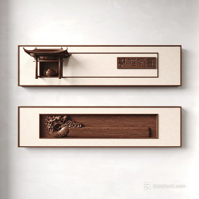 Traditional Chinese Wooden Wall Hanging With Carved Dragon And Pagoda Design For Home Decor 3d model 